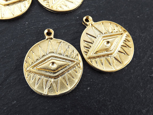 All Seeing Eye Pendant Charm, Evil Eye, Eye of Providence, Rays of Light Talisman, 22k Matte Gold, 2pc