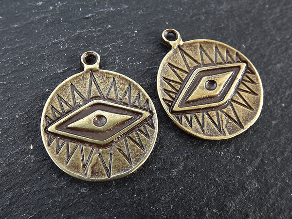 All Seeing Eye Pendant Charm, Evil Eye, Eye of Providence, Rays of Light Talisman, Antique Bronze, 2pc