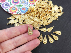 Filigree Teardrop Charm, Small Ethnic Drop Dangle Pendant, 22k Matte Gold Plated Brass, 10pc