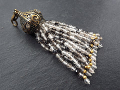 Black Clear Rutilated Quartz Beaded Tassel Pendant, Facet Cut Gemstone Tassel, Paved Tassel Cap with Bail, Turkish Jewelry, Antique Bronze