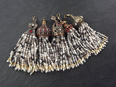 Black Clear Rutilated Quartz Beaded Tassel Pendant, Facet Cut Gemstone Tassel, Paved Tassel Cap with Bail, Turkish Jewelry, Antique Bronze