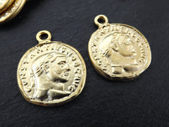 Roman Coin Pendant Charm, Constantius Coin Medallion, Genius of the Roman People, Replica Old Coin, 22k Mate Gold, 2pc