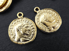 Roman Coin Pendant Charm, Constantius Coin Medallion, Genius of the Roman People, Replica Old Coin, 22k Mate Gold, 2pc