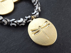 Oval Dragonfly Pendant, Horizontal Loop Bail, Good Luck Charm, Prosperity Charm, 22k Matte Gold Plated, 1pc