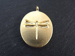 Oval Dragonfly Pendant, Horizontal Loop Bail, Good Luck Charm, Prosperity Charm, 22k Matte Gold Plated, 1pc