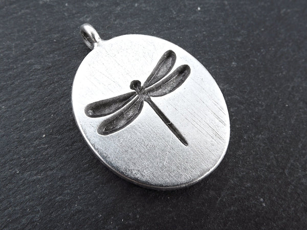 Oval Dragonfly Pendant, Horizontal Loop Bail, Good Luck Charm, Prosperity Charm, Antique Silver Plated, 1pc