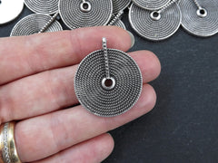 2 Tribal Disc Pendants, Woven Circle Loop Pendant, Ethnic Weave Ring, Artisan Jewelry, Matte Antique Silver Plated