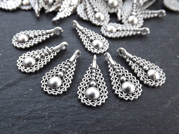 Filigree Teardrop Charm, Small Ethnic Drop Dangle Pendant, Matte Antique Silver Plated Brass, 10pc