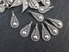 Filigree Teardrop Charm, Small Ethnic Drop Dangle Pendant, Matte Antique Silver Plated Brass, 10pc