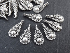 Filigree Teardrop Charm, Small Ethnic Drop Dangle Pendant, Matte Antique Silver Plated Brass, 10pc