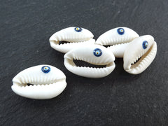 Natural Evil Eye Cowrie Shell Beads, Shell Pendant Charms, Ivory Cream Seashell, Pukka Shell, Good Luck Pendant, Blue Nazar, Back Open, 5pc