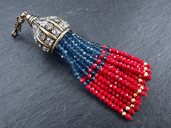 Blue Red Beaded Tassel Pendant, Green Facet Cut Rondelle Crystal Beads, Antique Bronze Rhinestone Paved Tassel Cap with Bail, 1PC