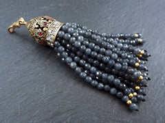 Smoky Blue Beaded Gemstone Tassel Pendant, Facet Cut Jade Stone, Hamsa Hand of Fatima Tassel Cap, Antique Bronze - 1PC