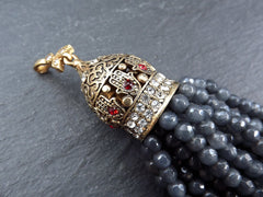 Smoky Blue Beaded Gemstone Tassel Pendant, Facet Cut Jade Stone, Hamsa Hand of Fatima Tassel Cap, Antique Bronze - 1PC