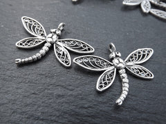 Silver Filigree Dragonfly Charm, Small Dragonfly Pendant, Horizontal Loop, Good Luck Charm, Prosperity Charm, Matte Antique Silver, 2pcs