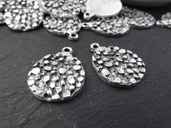 Round Dappled Disc Pendant Charms, Silver Dot Coin Pendant, Artisan Handmade Jewelry Making Supplies, Matte Antique Silver Plated, 2pc
