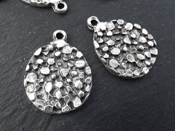 Round Dappled Disc Pendant Charms, Silver Dot Coin Pendant, Artisan Handmade Jewelry Making Supplies, Matte Antique Silver Plated, 2pc
