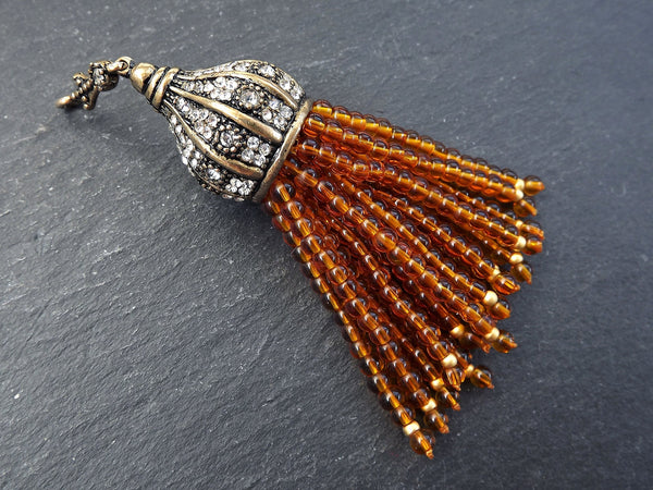 Orange Beaded Tassel, Orange Quartz Gemstone Tassel Pendant, Antique Bronze Rhinestone Paved Tassel Cap with Bail, Turkish Jewelry, 1pc