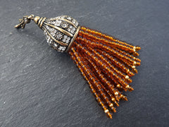 Orange Beaded Tassel, Orange Quartz Gemstone Tassel Pendant, Antique Bronze Rhinestone Paved Tassel Cap with Bail, Turkish Jewelry, 1pc