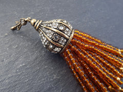 Orange Beaded Tassel, Orange Quartz Gemstone Tassel Pendant, Antique Bronze Rhinestone Paved Tassel Cap with Bail, Turkish Jewelry, 1pc