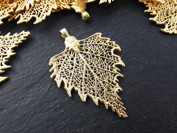 Gold Skeleton Leaf Pendant Charm, Filigree Leaf, Metal Leaf Pendant, Drop Foliage Charms, 22k Matte Gold Plated