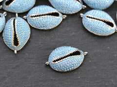 Cowrie Shell Connector Charms, Silver Rhinestone Shell Charms, Blue Micro Pave Cowrie Shell, Puka Shell, Bracelet Charm