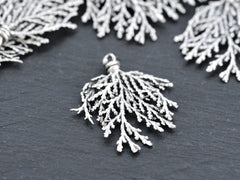 Silver Conifer Leaf Branch Pendant Charm, Metal Leaf Pendant, Drop Foliage Charms, Matte Antique Silver Plated Brass