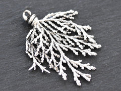 Silver Conifer Leaf Branch Pendant Charm, Metal Leaf Pendant, Drop Foliage Charms, Matte Antique Silver Plated Brass