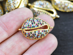 Cowrie Shell Connector Charms, Gold Rhinestone Shell Charms, Rainbow Micro Pave Cowrie Shell, Puka Shell, Bracelet Charm