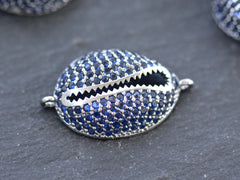 Cowrie Shell Connector Charms, Silver Rhinestone Shell Charms, Navy Blue Micro Pave Cowrie Shell, Puka Shell, Bracelet Charm