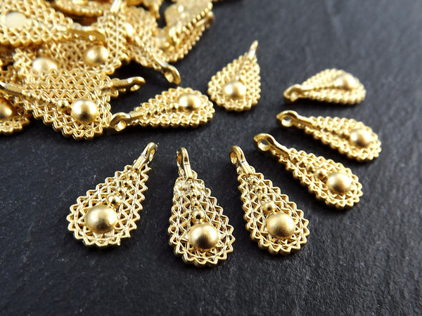 Filigree Teardrop Charm, Small Ethnic Drop Dangle Pendant, 22k Matte Gold Plated Brass, 10pc