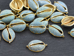 Cowrie Shell Connector Charms, Gold Rhinestone Shell Charms, Blue Micro Pave Cowrie Shell, Puka Shell, Bracelet Charm