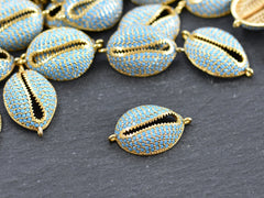 Cowrie Shell Connector Charms, Gold Rhinestone Shell Charms, Blue Micro Pave Cowrie Shell, Puka Shell, Bracelet Charm