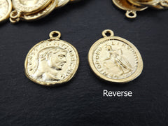 Roman Coin Pendant Charm, Constantius Coin Medallion, Genius of the Roman People, Replica Old Coin, 22k Mate Gold, 2pc