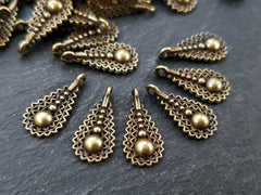 Filigree Teardrop Charm, Small Ethnic Drop Dangle Pendant, Antique Bronze Plated Brass, 10pc