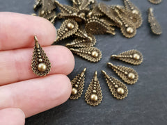 Filigree Teardrop Charm, Small Ethnic Drop Dangle Pendant, Antique Bronze Plated Brass, 10pc