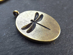 Oval Dragonfly Pendant, Horizontal Loop Bail, Good Luck Charm, Prosperity Charm, Antique Bronze Plated, 1pc