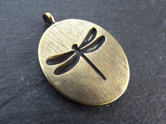 Oval Dragonfly Pendant, Horizontal Loop Bail, Good Luck Charm, Prosperity Charm, Antique Bronze Plated, 1pc