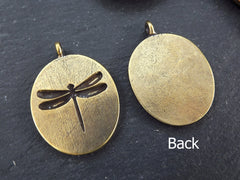 Oval Dragonfly Pendant, Horizontal Loop Bail, Good Luck Charm, Prosperity Charm, Antique Bronze Plated, 1pc