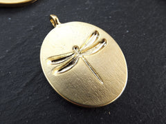 Oval Dragonfly Pendant, Horizontal Loop Bail, Good Luck Charm, Prosperity Charm, 22k Matte Gold Plated, 1pc