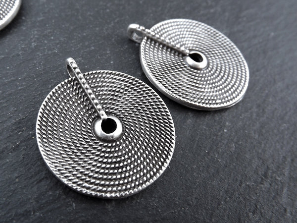 2 Tribal Disc Pendants, Woven Circle Loop Pendant, Ethnic Weave Ring, Artisan Jewelry, Matte Antique Silver Plated