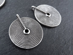 2 Tribal Disc Pendants, Woven Circle Loop Pendant, Ethnic Weave Ring, Artisan Jewelry, Matte Antique Silver Plated