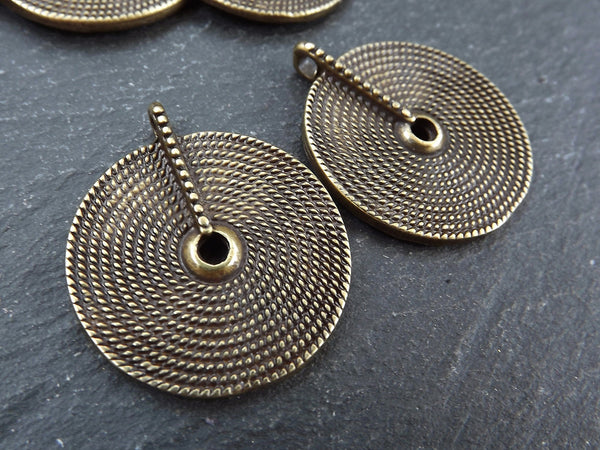 2 Tribal Disc Pendants, Woven Circle Loop Pendant, Ethnic Weave Ring, Artisan Jewelry, Antique Bronze Plated