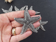 Large Starfish Sea Star Necklace Pendant, Side Facing Bail, Matte Antique Silver Plated, 1pc