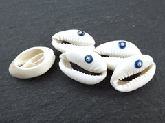 Natural Evil Eye Cowrie Shell Beads, Shell Pendant Charms, Ivory Cream Seashell, Pukka Shell, Good Luck Pendant, Blue Nazar, Back Open, 5pc
