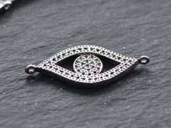 Evil Eye Bracelet Connector, Ellipse Greek Eye Charm, Turkish Nazar, CZ Rhinestone Micro Pave, DIY Jewelry Finding, Silver Plated