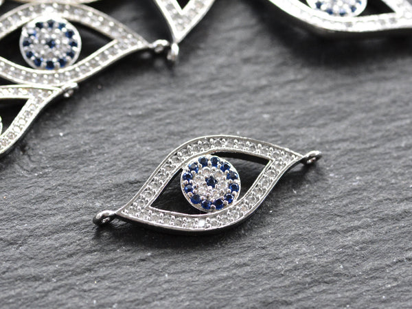 Evil Eye Bracelet Connector, Ellipse Greek Eye Charm, Turkish Nazar, CZ Rhinestone Micro Pave, DIY Jewelry Finding, Silver Plated