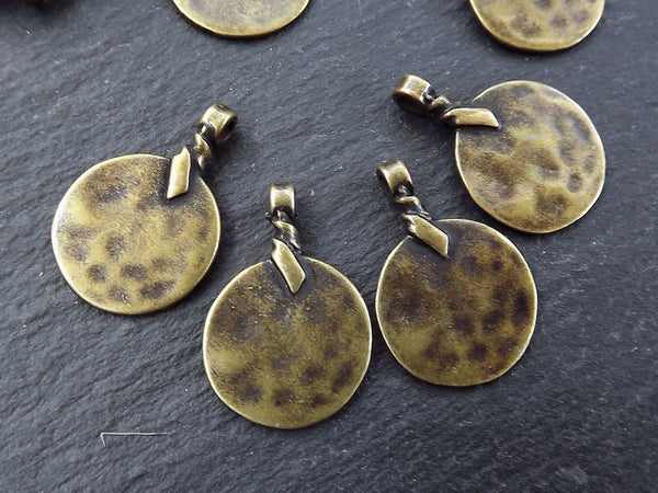 Bronze Thin Round Rustic Disc Pendants, Plain Bronze Disc Pendants, Hammered Disc Charms, Jewelry Making Supplies, Antique Bronze, 4pc