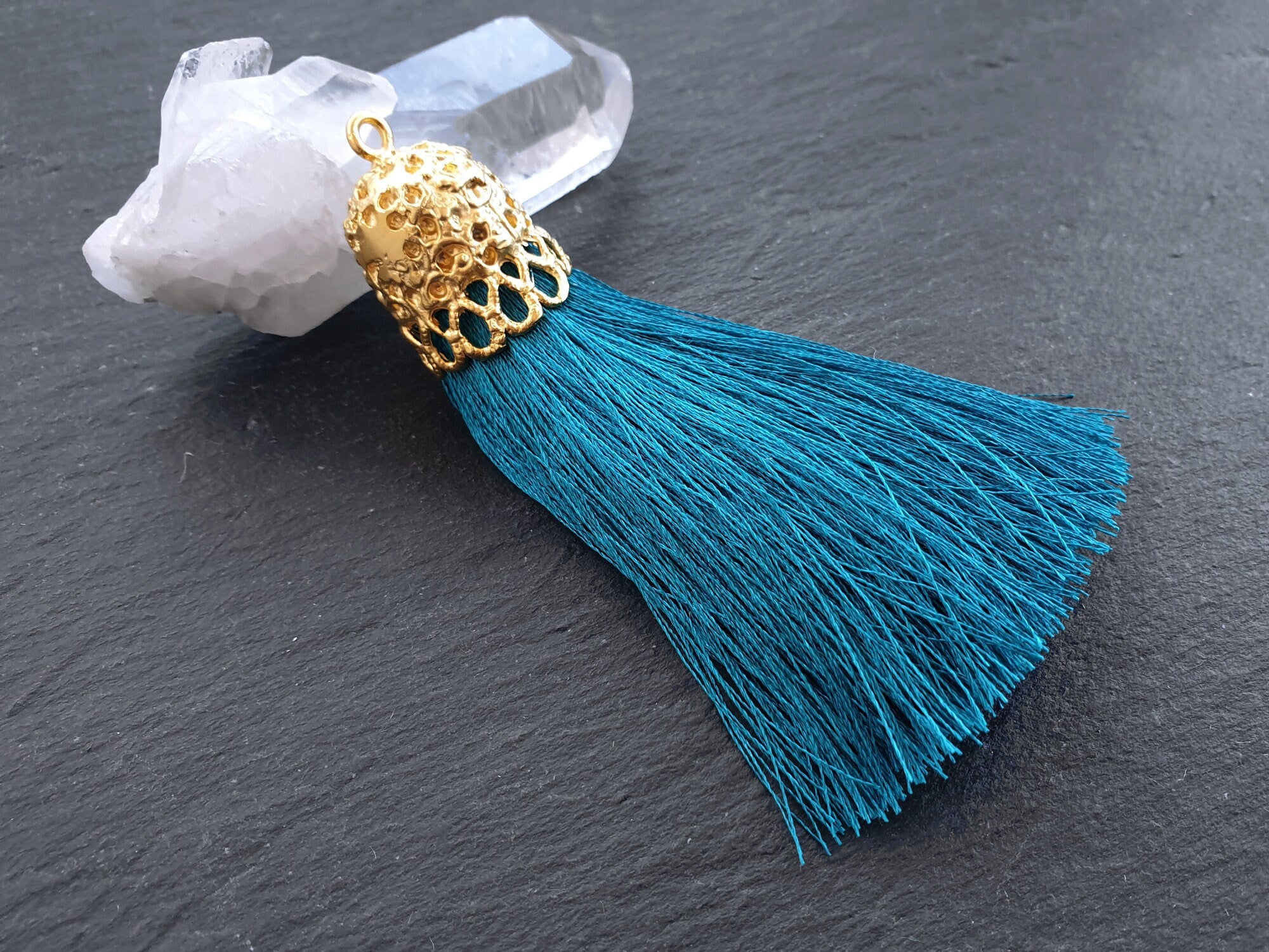 Ocean Blue Tassel Pendant with Rustic 22k Gold Plated Brass Cap, Ethnic Silk Fringe, Boho Jewelry Supplies, 95mm, 1pc