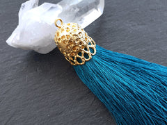 Ocean Blue Tassel Pendant with Rustic 22k Gold Plated Brass Cap, Ethnic Silk Fringe, Boho Jewelry Supplies, 95mm, 1pc